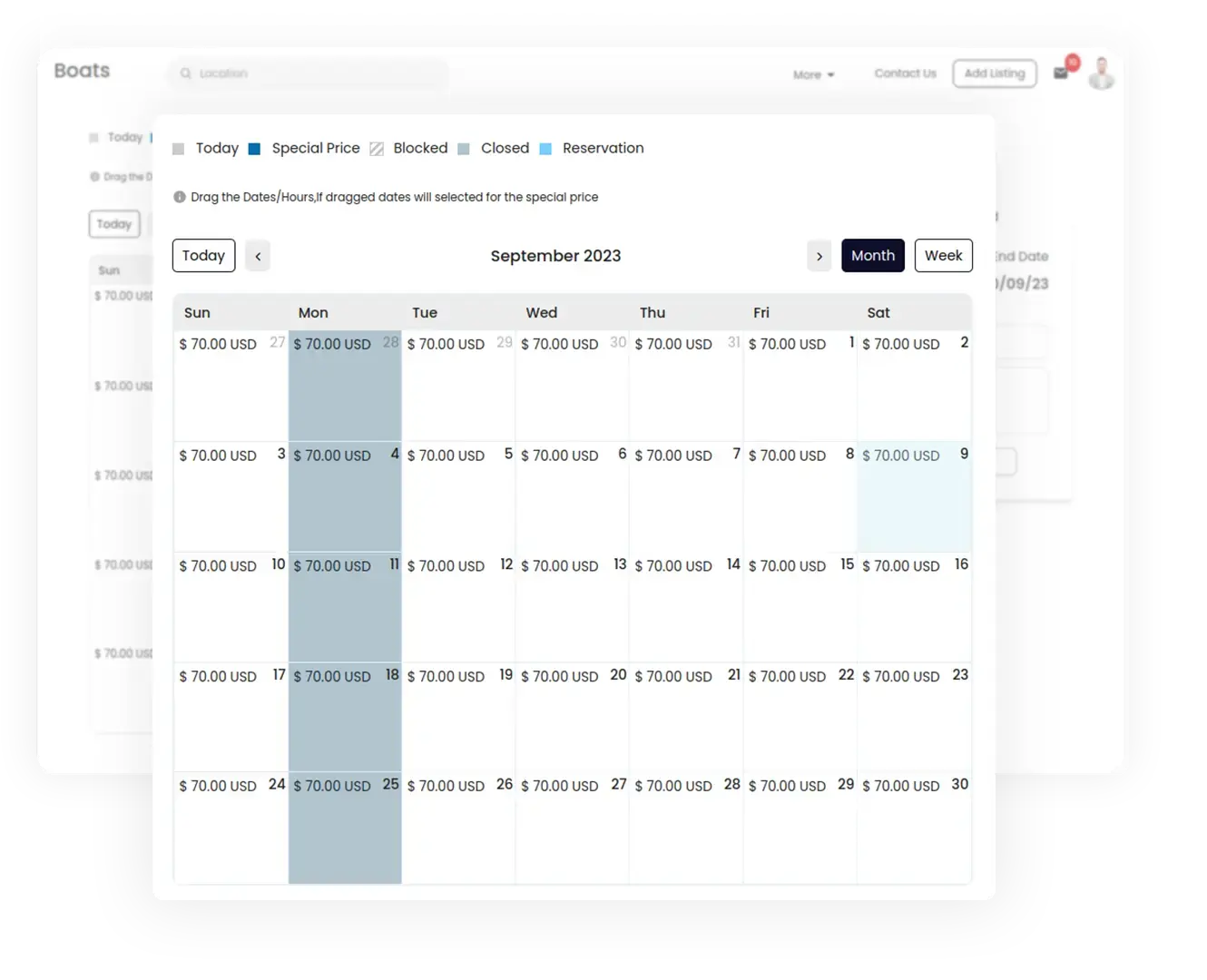 Calender in boat Rental Software