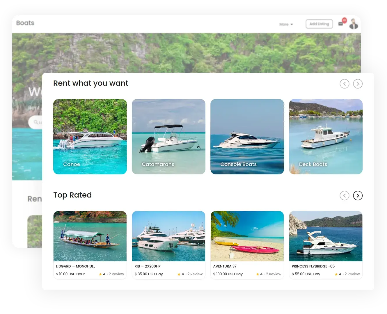 Landing page in your boat rental marketplace