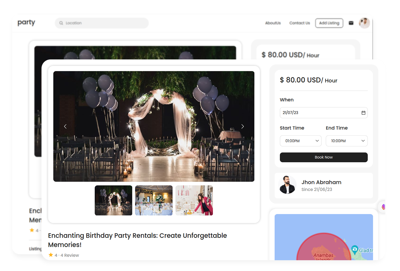 Hourly Listing In Party Rental Booking Software